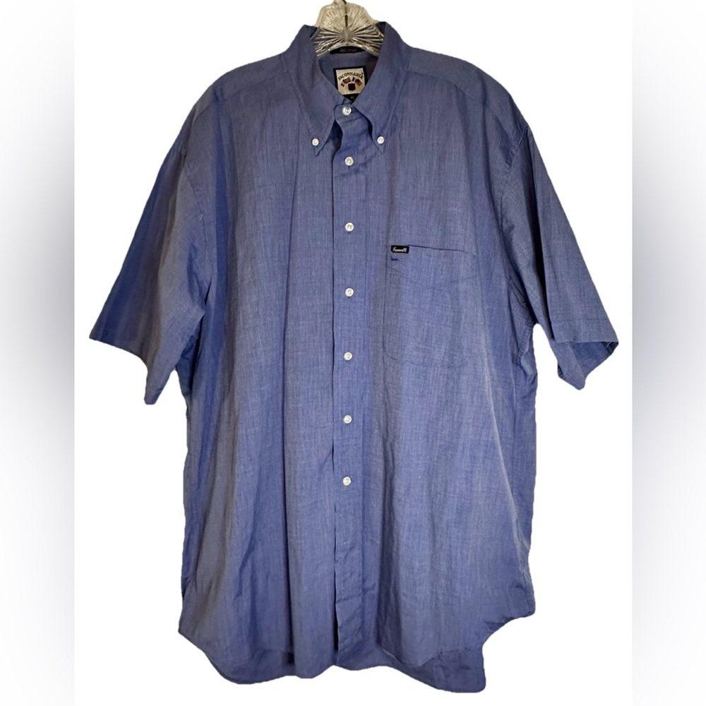 Faconnable Denim Blue Short‎ Sleeve Button Down Dress Shirt Logo Pocket Work XL